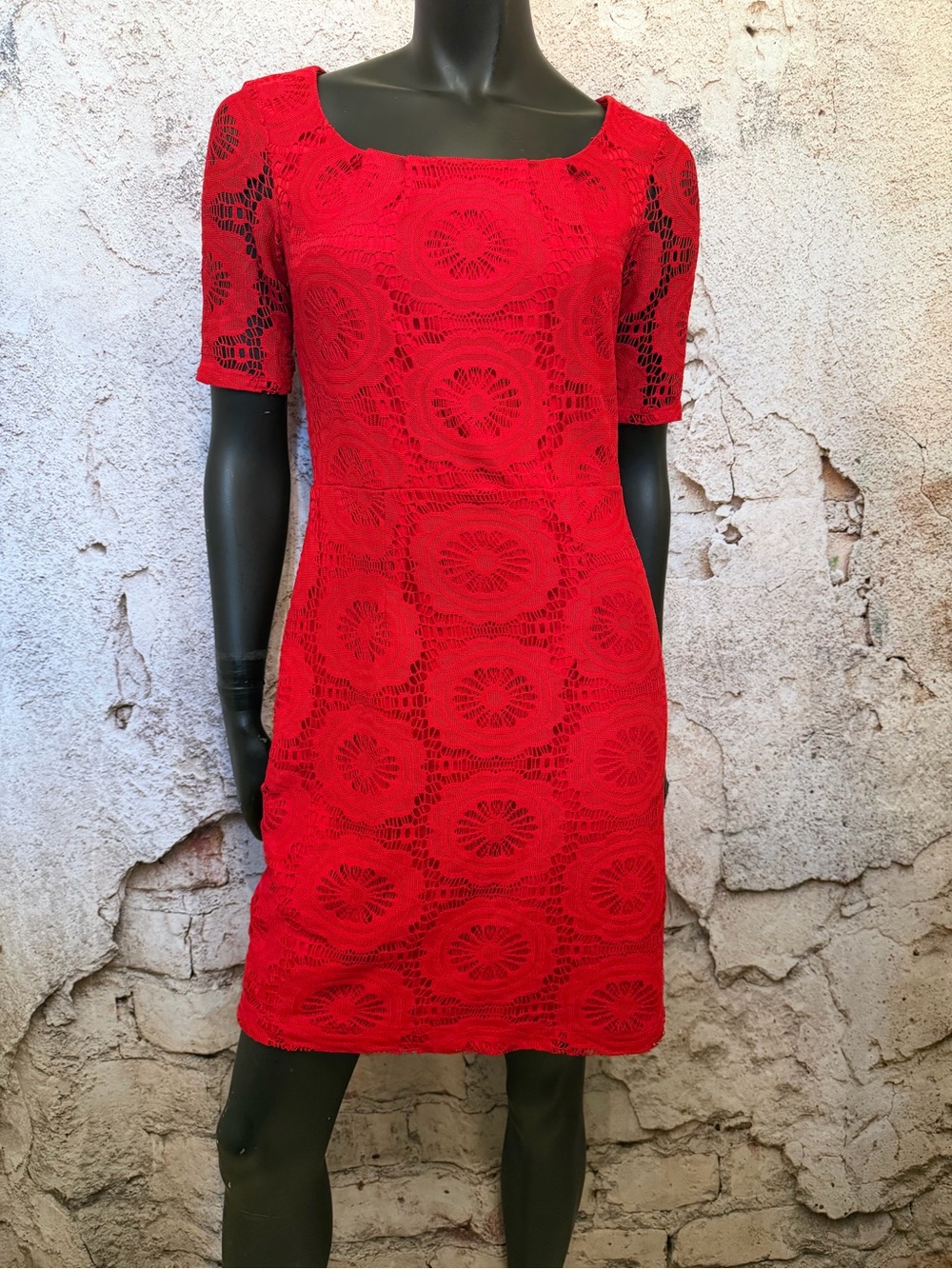 London Times Red Lace Short Sleeve Dress